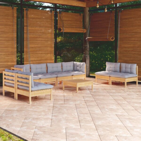 HomeDiscount-9 Piece Garden Lounge Set with Grey Cushions Solid Pinewood