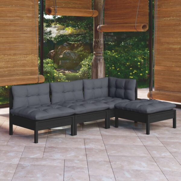 HomeDiscount-4 Piece Garden Lounge Set with Cushions Black Pinewood