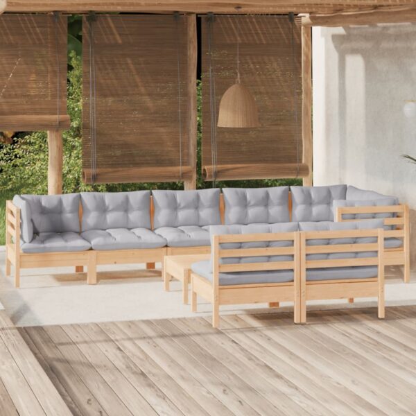 HomeDiscount-9 Piece Garden Lounge Set with Grey Cushions Solid Pinewood