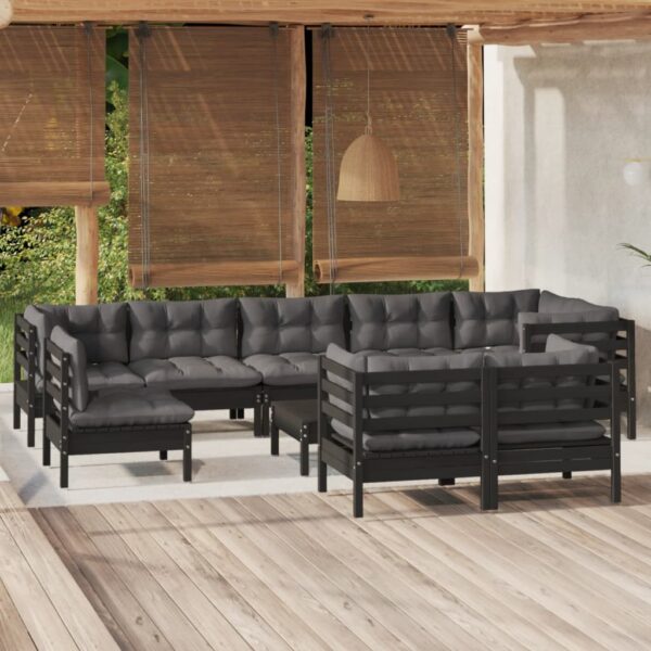 HomeDiscount-10 Piece Garden Lounge Set with Cushions Black Solid Pinewood