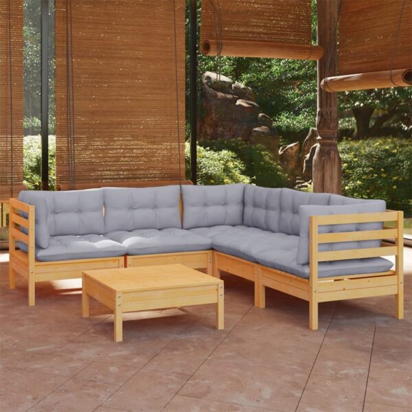 HomeDiscount-6 Piece Garden Lounge Set with Grey Cushions Solid Pinewood