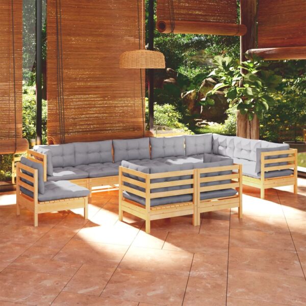 HomeDiscount-10 Piece Garden Lounge Set with Grey Cushions Solid Pinewood