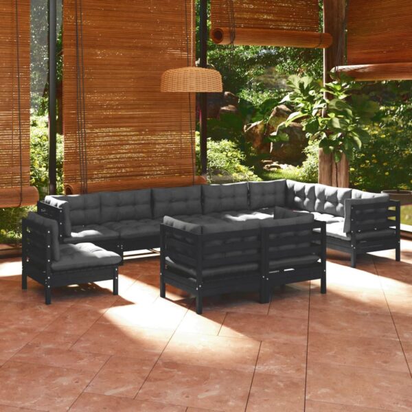 HomeDiscount-10 Piece Garden Lounge Set with Cushions Black Solid Pinewood