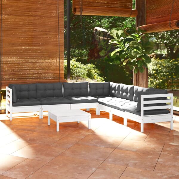 HomeDiscount-8 Piece Garden Lounge Set with Cushions White Solid Pinewood