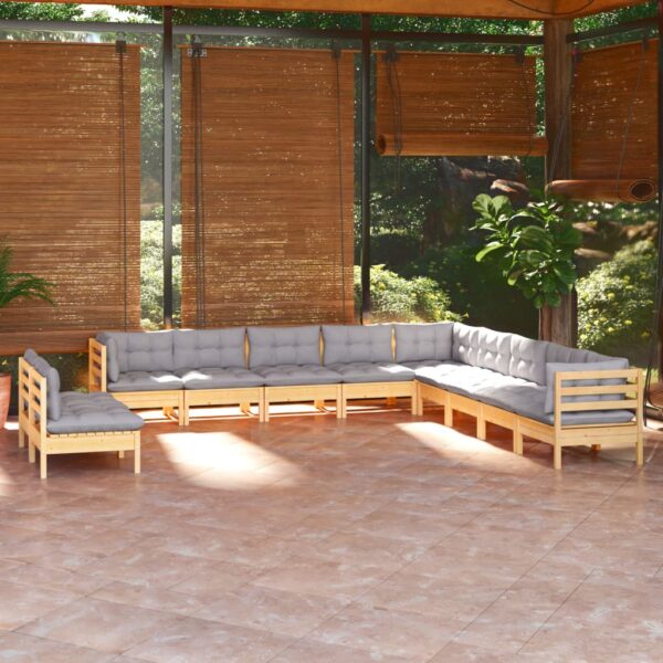 HomeDiscount-11 Piece Garden Lounge Set with Grey Cushions Solid Pinewood