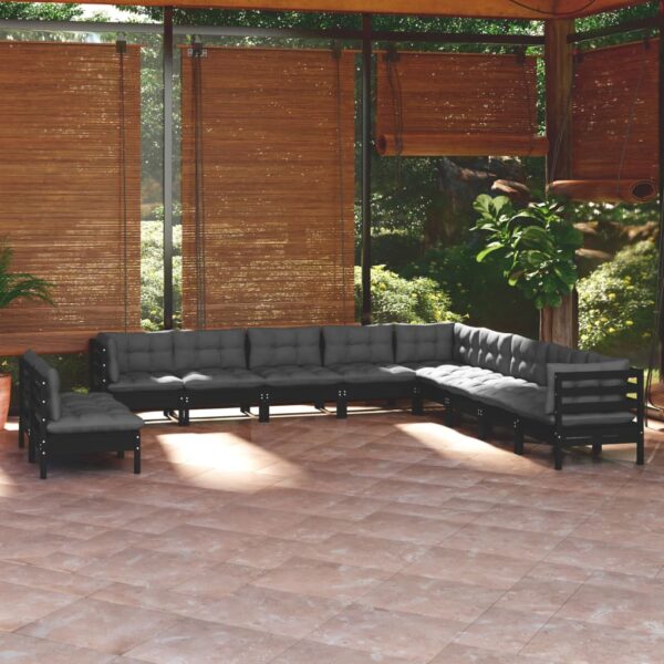 HomeDiscount-11 Piece Garden Lounge Set with Cushions Black Solid Pinewood