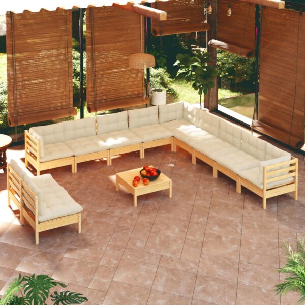 HomeDiscount-12 Piece Garden Lounge Set with Cream Cushions Solid Pinewood