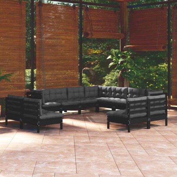 HomeDiscount-11 Piece Garden Lounge Set with Cushions Black Solid Pinewood