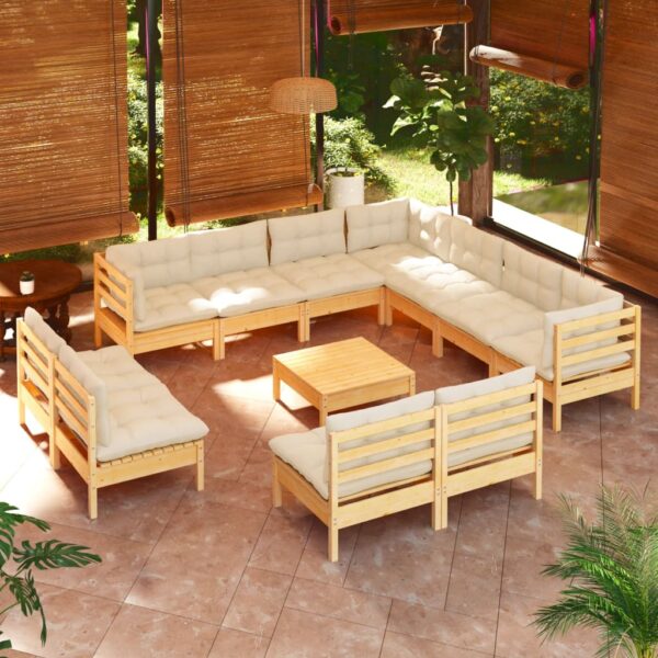 HomeDiscount-12 Piece Garden Lounge Set with Cream Cushions Solid Pinewood