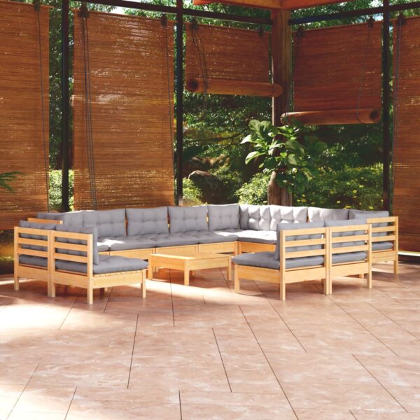 HomeDiscount-13 Piece Garden Lounge Set with Grey Cushions Solid Pinewood