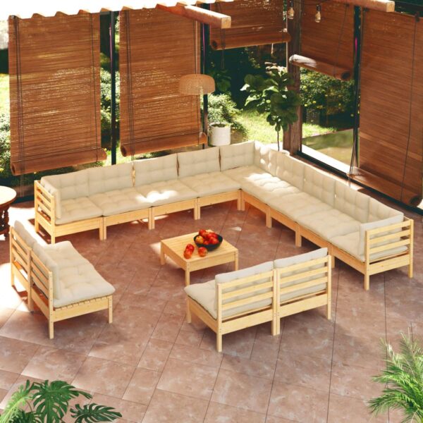 HomeDiscount-14 Piece Garden Lounge Set with Cream Cushions Solid Pinewood