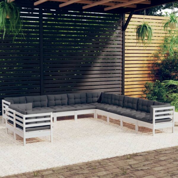 HomeDiscount-11 Piece Garden Lounge Set with Cushions White Solid Pinewood