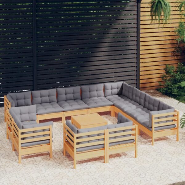 HomeDiscount-13 Piece Garden Lounge Set with Grey Cushions Solid Pinewood