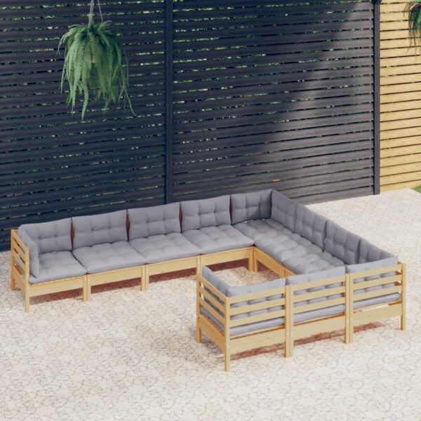 HomeDiscount-10 Piece Garden Lounge Set with Grey Cushions Pinewood