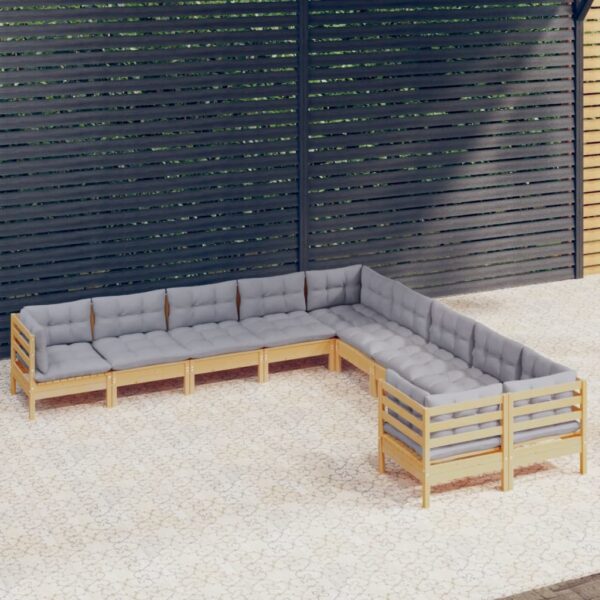 HomeDiscount-10 Piece Garden Lounge Set with Grey Cushions Pinewood