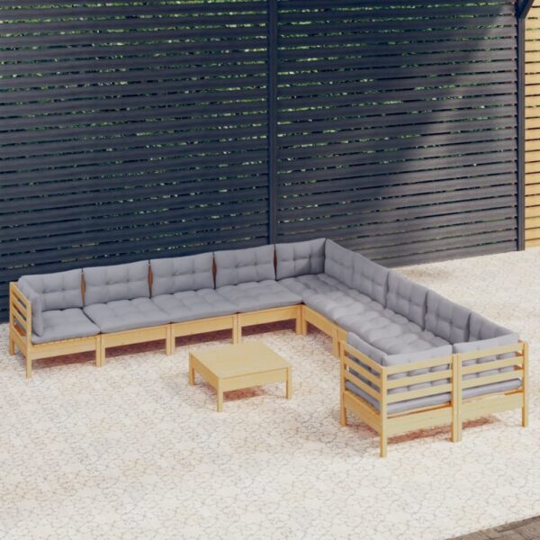 HomeDiscount-11 Piece Garden Lounge Set with Grey Cushions Pinewood