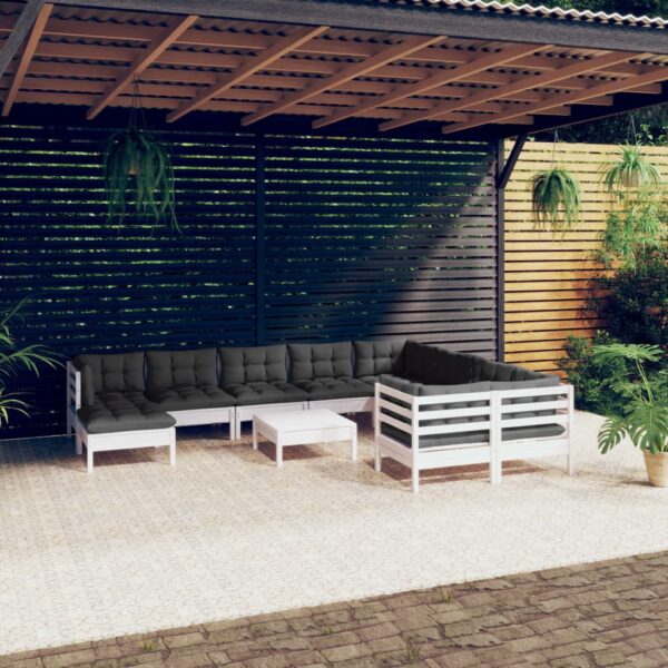 HomeDiscount-11 Piece Garden Lounge Set with Cushions White Pinewood