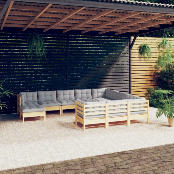 HomeDiscount-11 Piece Garden Lounge Set with Grey Cushions Pinewood