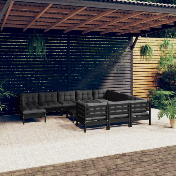 HomeDiscount-12 Piece Garden Lounge Set with Cushions Black Pinewood