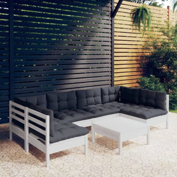 HomeDiscount-7 Piece Garden Lounge Set with Cushions White Solid Pinewood