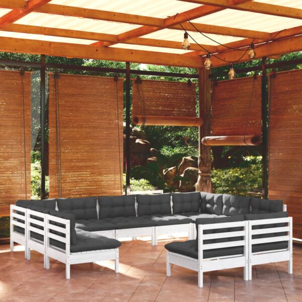 HomeDiscount-11 Piece Garden Lounge Set with Cushions White Solid Pinewood