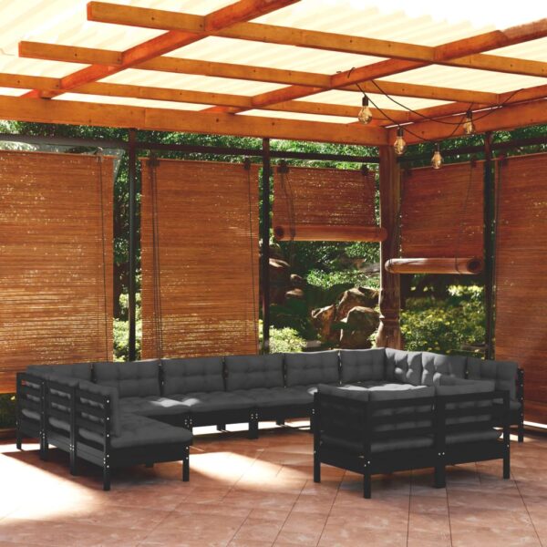 HomeDiscount-12 Piece Garden Lounge Set with Cushions Black Solid Pinewood