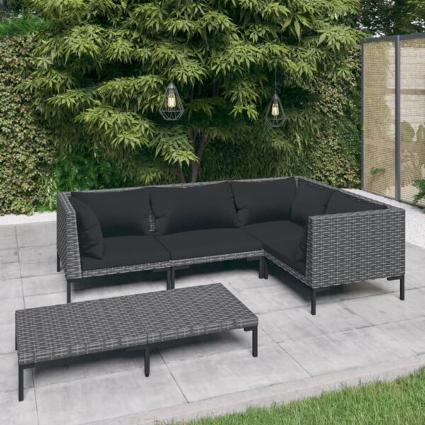 HomeDiscount-5 Piece Garden Lounge Set with Cushions Poly Rattan Dark Grey