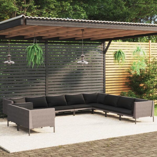 HomeDiscount-10 Piece Garden Lounge Set with Cushions Poly Rattan Dark Grey