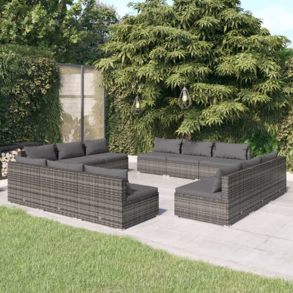 HomeDiscount-12 Piece Garden Lounge Set with Cushions Poly Rattan Grey