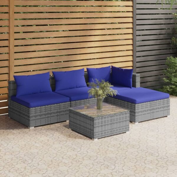 HomeDiscount-5 Piece Garden Lounge Set with Cushions Poly Rattan Grey