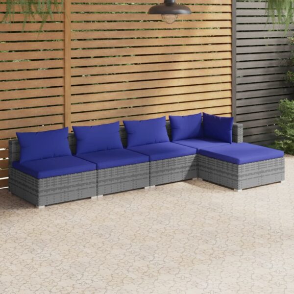 HomeDiscount-5 Piece Garden Lounge Set with Cushions Poly Rattan Grey