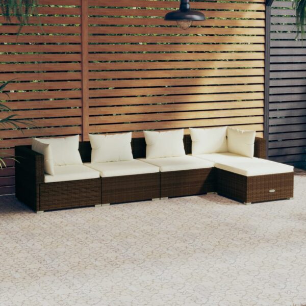 HomeDiscount-5 Piece Garden Lounge Set with Cushions Poly Rattan Brown