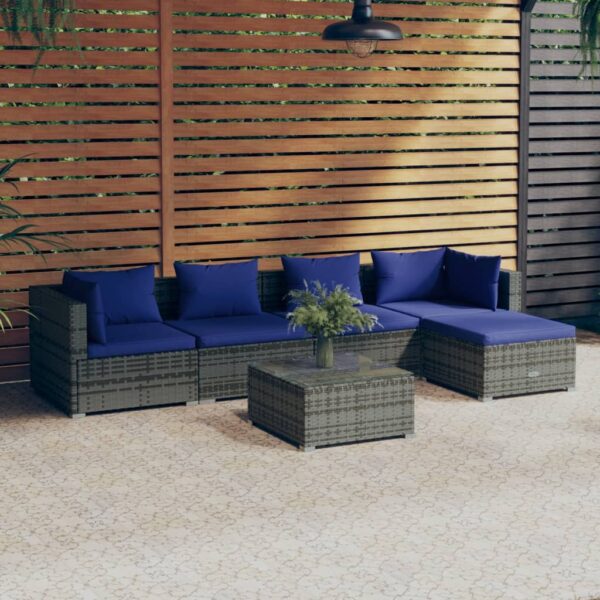 HomeDiscount-6 Piece Garden Lounge Set with Cushions Poly Rattan Grey