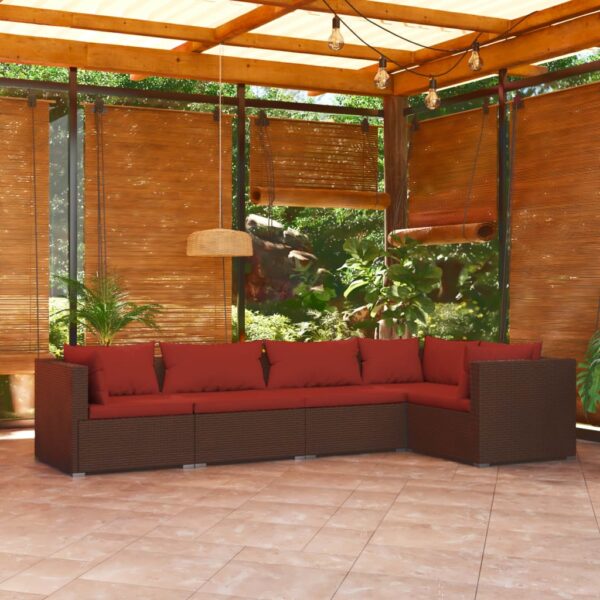 HomeDiscount-5 Piece Garden Lounge Set with Cushions Poly Rattan Brown