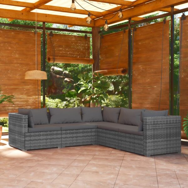 HomeDiscount-5 Piece Garden Lounge Set with Cushions Poly Rattan Grey