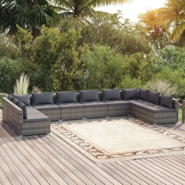 HomeDiscount-10 Piece Garden Lounge Set with Cushions Poly Rattan Grey