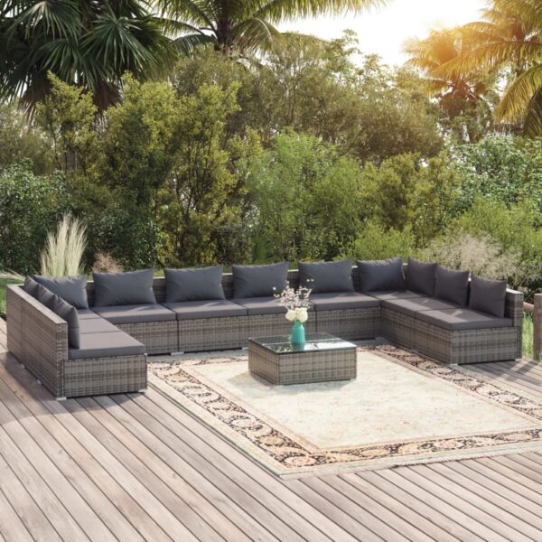 HomeDiscount-11 Piece Garden Lounge Set with Cushions Poly Rattan Grey