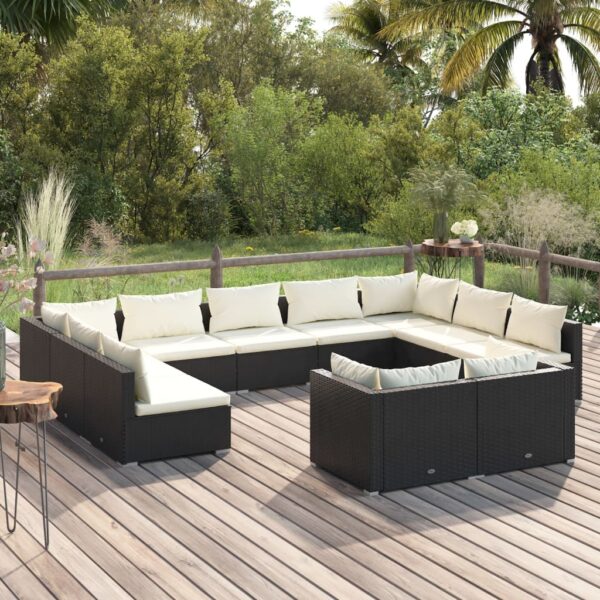 HomeDiscount-11 Piece Garden Lounge Set with Cushions Black Poly Rattan