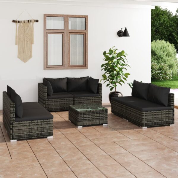 HomeDiscount-7 Piece Garden Lounge Set with Cushions Poly Rattan Grey