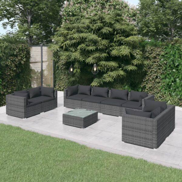 HomeDiscount-9 Piece Garden Lounge Set with Cushions Poly Rattan Grey