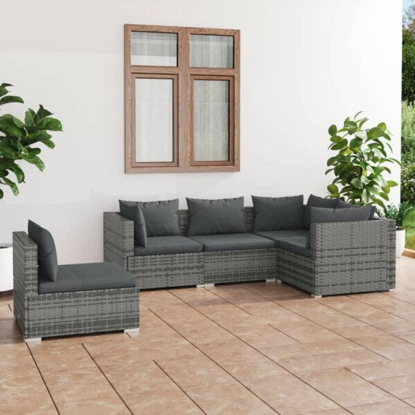 HomeDiscount-5 Piece Garden Lounge Set with Cushions Poly Rattan Grey