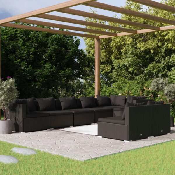 HomeDiscount-8 Piece Garden Lounge Set with Cushions Black Poly Rattan