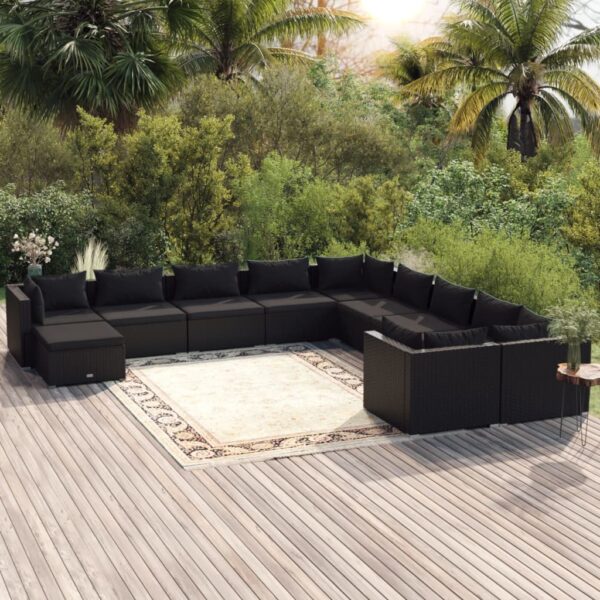 HomeDiscount-11 Piece Garden Lounge Set with Cushions Poly Rattan Black