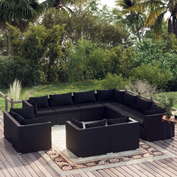 HomeDiscount-11 Piece Garden Lounge Set with Cushions Black Poly Rattan