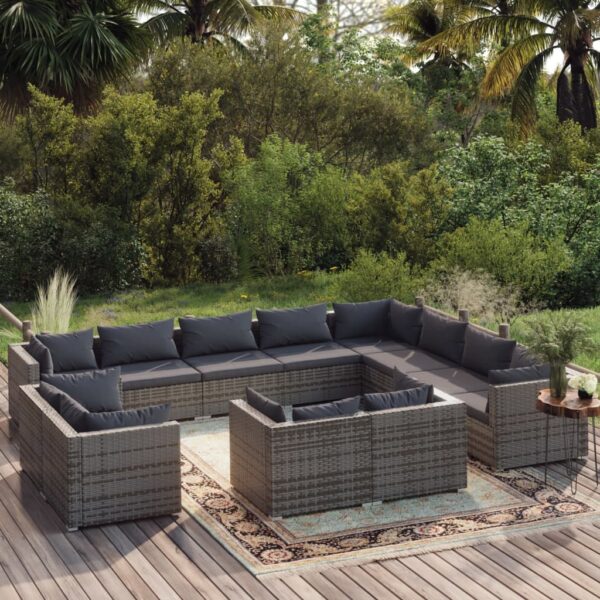 HomeDiscount-12 Piece Garden Lounge Set with Cushions Grey Poly Rattan