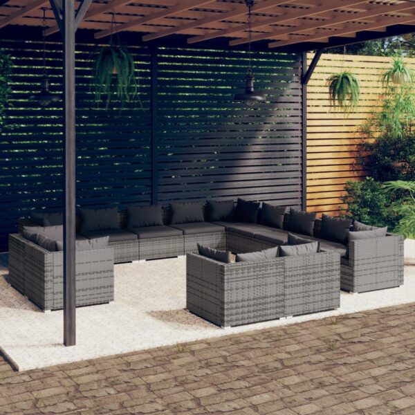 HomeDiscount-13 Piece Garden Lounge Set with Cushions Grey Poly Rattan