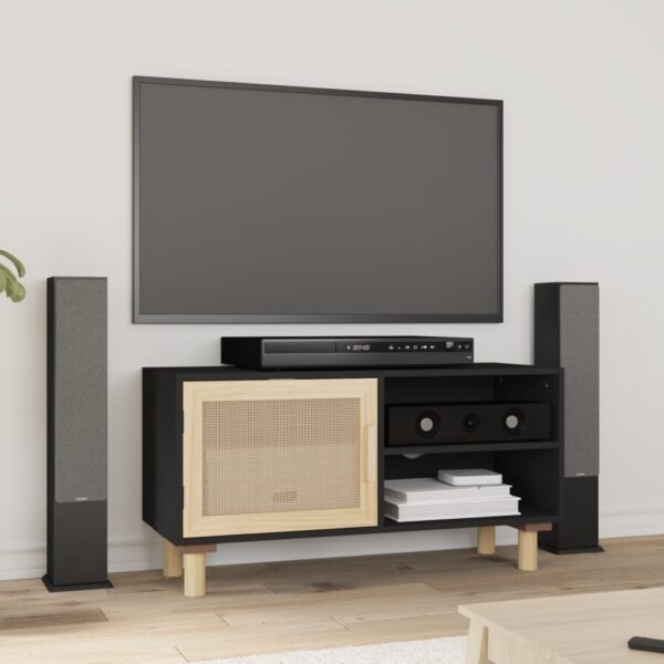 HomeDiscount-TV Cabinet Black 80x30x40 cm Solid Wood Pine and Natural Rattan