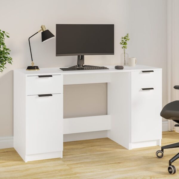 HomeDiscount-Desk with Side Cabinet White Engineered Wood