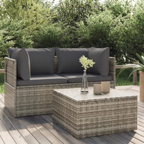 HomeDiscount-3 Piece Garden Lounge Set with Cushions Grey Poly Rattan