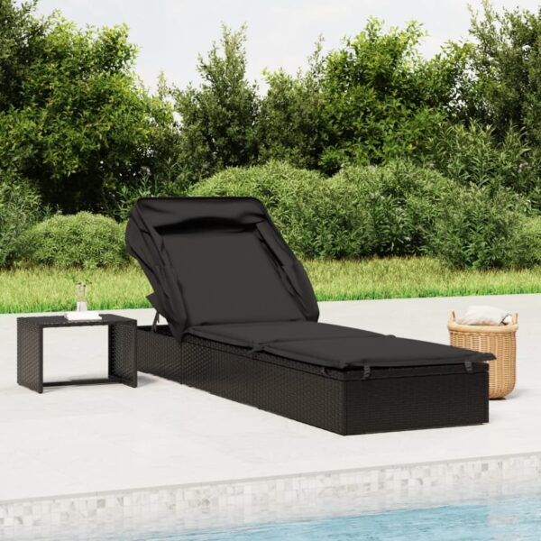 HomeDiscount-Sunbed with Foldable Roof Black 213x63x97 cm Poly Rattan